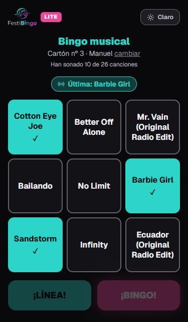 Cartón de un jugador en el móvil con las canciones del bingo y los botones de línea y bingo