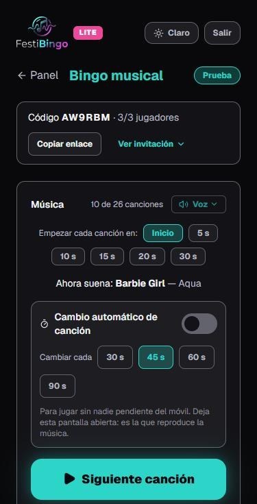 Panel del anfitrión en el móvil: botón para pasar a la siguiente canción y lista de jugadores